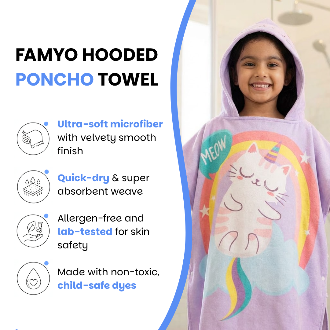 Purple Cat Unicorn Hooded Poncho Towel for Kids | Quick-Dry, Highly Absorbent Microfiber Bath Towel