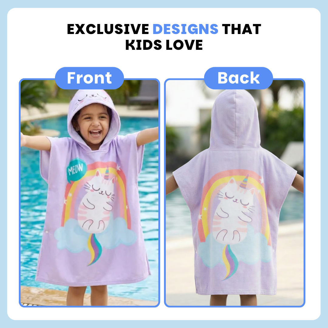 Purple Cat Unicorn Hooded Poncho Towel for Kids | Quick-Dry, Highly Absorbent Microfiber Bath Towel