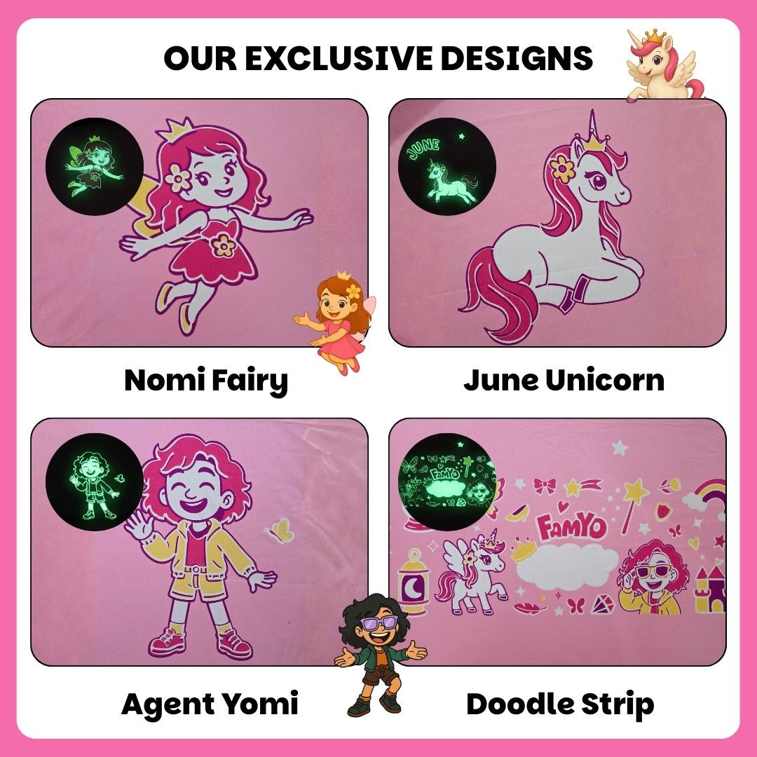 Famyo June the Unicorn Glow Bedsheet for Kids – King Size Fitted Bedsheet Set | Glow Maxx Series | Premium Microfiber (300 TC)