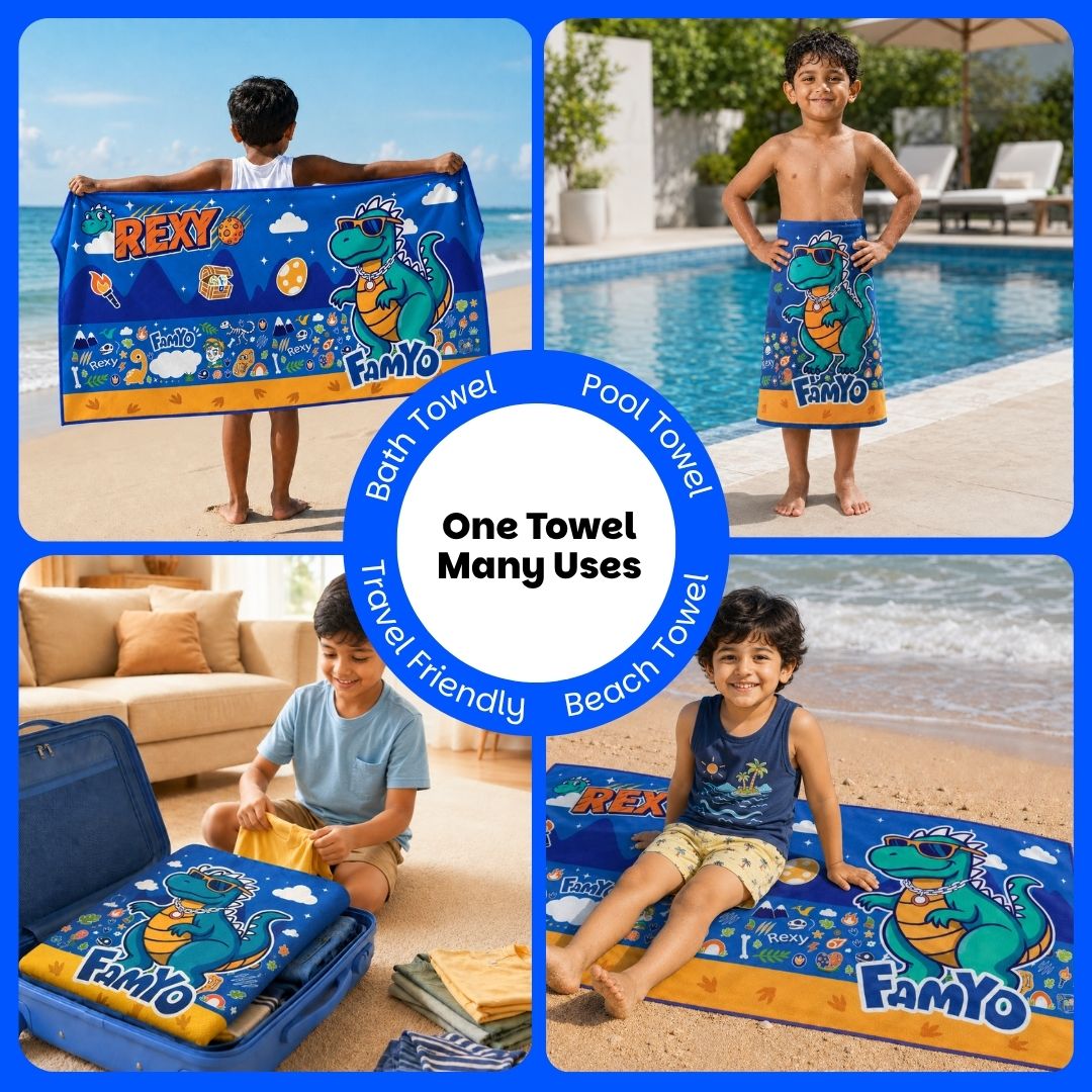 Rexy the Dino kids towel featuring soft quick-dry terry fabric, lightweight absorbent design, 70 × 140 cm size, and ideal for bath, beach, pool, swimming, travel, and everyday use.