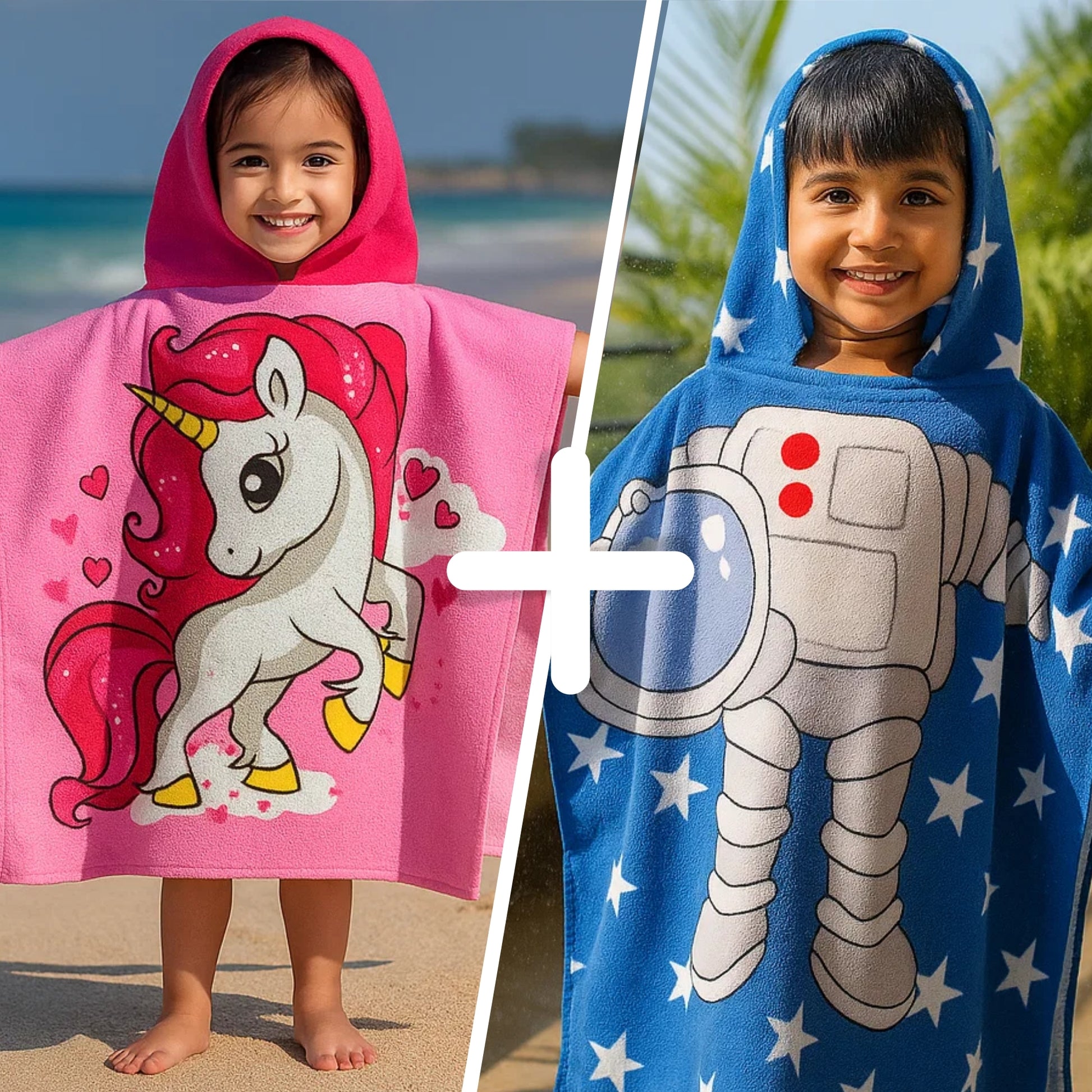 Two children wearing hooded towels with unicorn and astronaut designs on a beach.