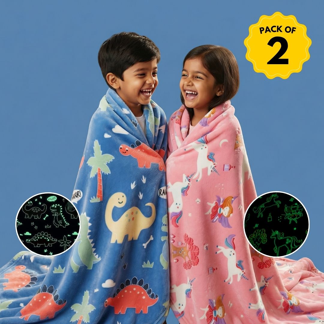 Blue Dino & Pink Unicorn Glow Blanket Set of 2 | Soft Flannel AC Blankets for All-Season | Perfect Gift for Kids