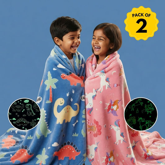 Blue Dino & Pink Unicorn Glow Blanket Set of 2 | Soft Flannel AC Blankets for All-Season | Perfect Gift for Kids