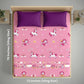 Pack of 2 June the Unicorn glow bedsheet sets featuring king-size fitted bedsheets, 4 matching pillow covers, premium 300 TC cotton-blend microfiber, and safe glow-in-the-dark technology for kids.