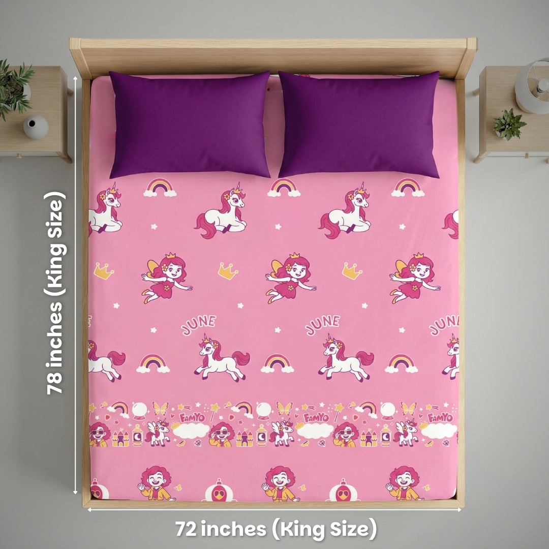 Pack of 2 June the Unicorn glow bedsheet sets featuring king-size fitted bedsheets, 4 matching pillow covers, premium 300 TC cotton-blend microfiber, and safe glow-in-the-dark technology for kids.