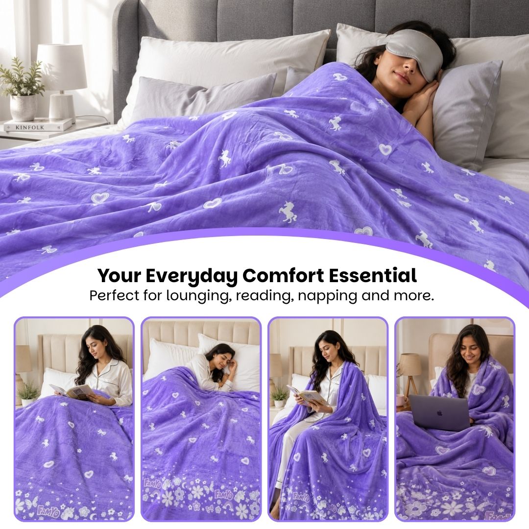 Lavender Unicorn & Dark Blue Astronaut Glow Quilt/Blanket/AC Comforter Set of 2 | Soft Flannel Queen Size Glow Blankets | All-Season Comfort