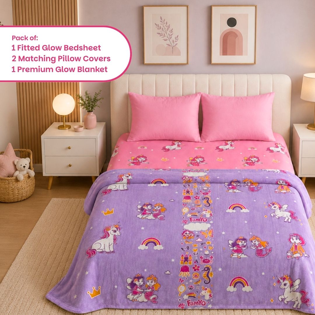 June the Unicorn & Mira the Mermaid Glow in the Dark Quilt/Blanket/AC Comforter & Glow Bedsheet Set for Kids | 4 PC Queen Size Bedding Set