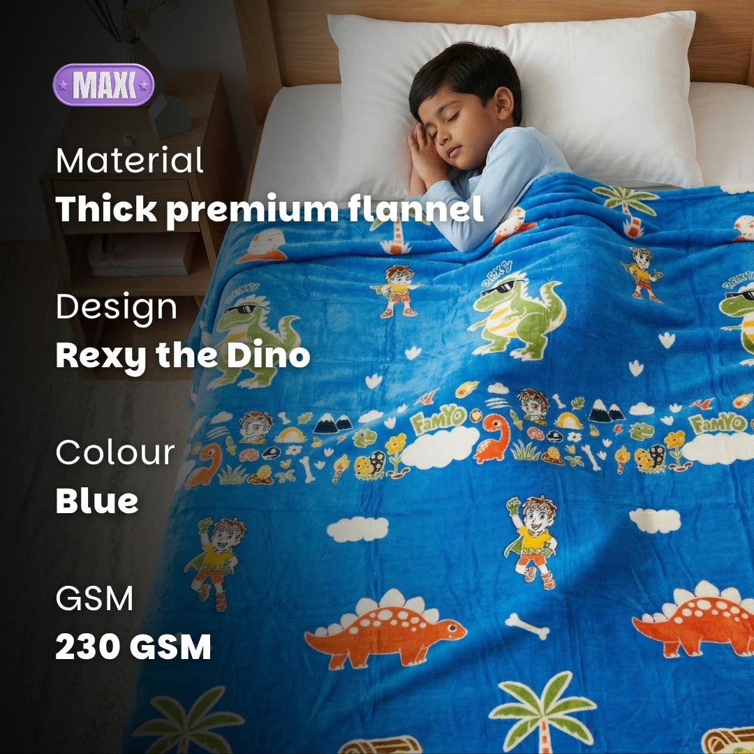 Famyo Rexy Dinosaur Glow in the dark blanket - all season blanket for kids - thick premoum flannel - blue - 230 gsm