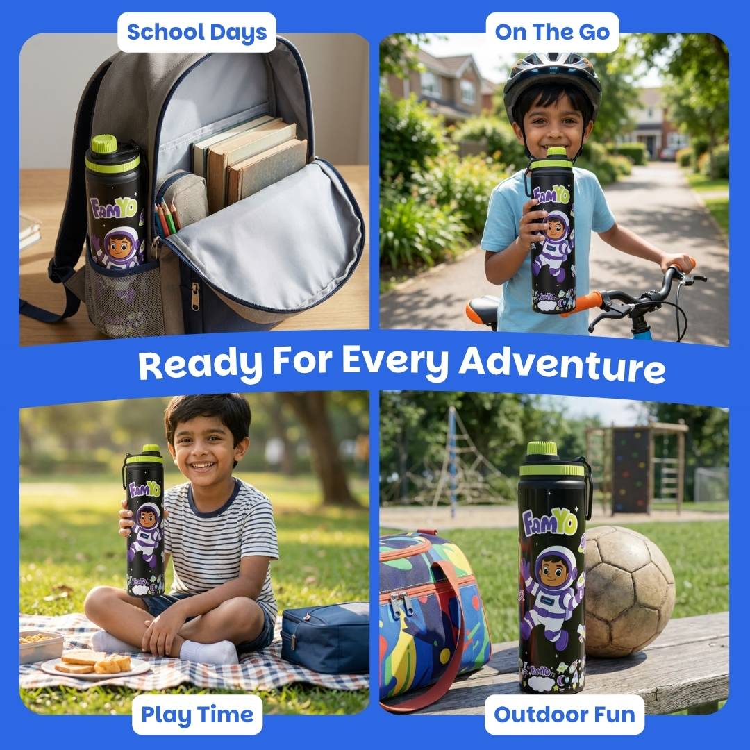 Famyo Leo the Astronaut 900 ml for kids - school essentials - perfect for school days, on the go, play time and outdoor fun.