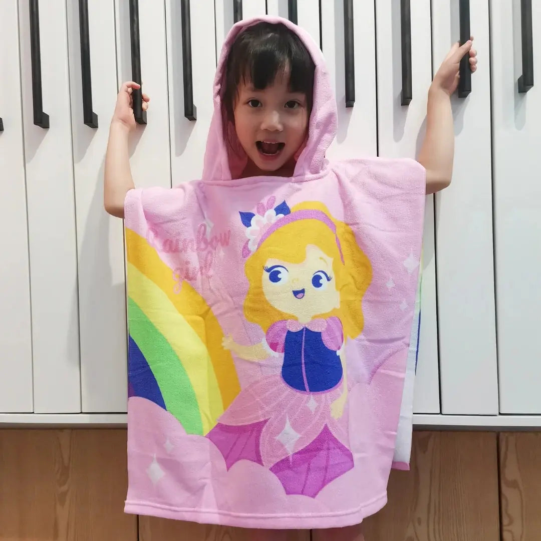 Princess Rainbow Girl Poncho Towel for Kids | Hooded Bath Towels for Girls | 60 x 60cm Toddler Pool Towel with Hood, 1-7 years