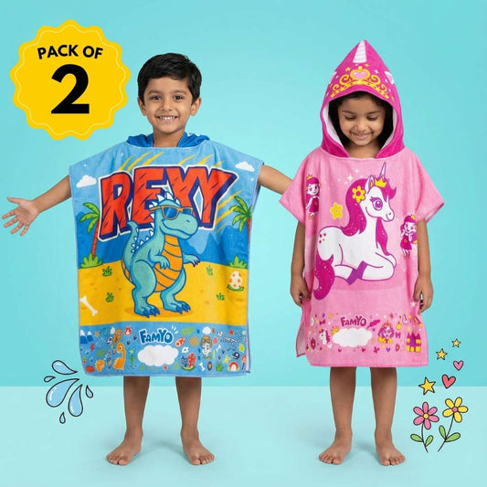 Rexy the Dino & June Unicorn Hooded Bath Towel, Set of 2 | 100% Microfiber Poncho Towel for Kids (1-7 Years)