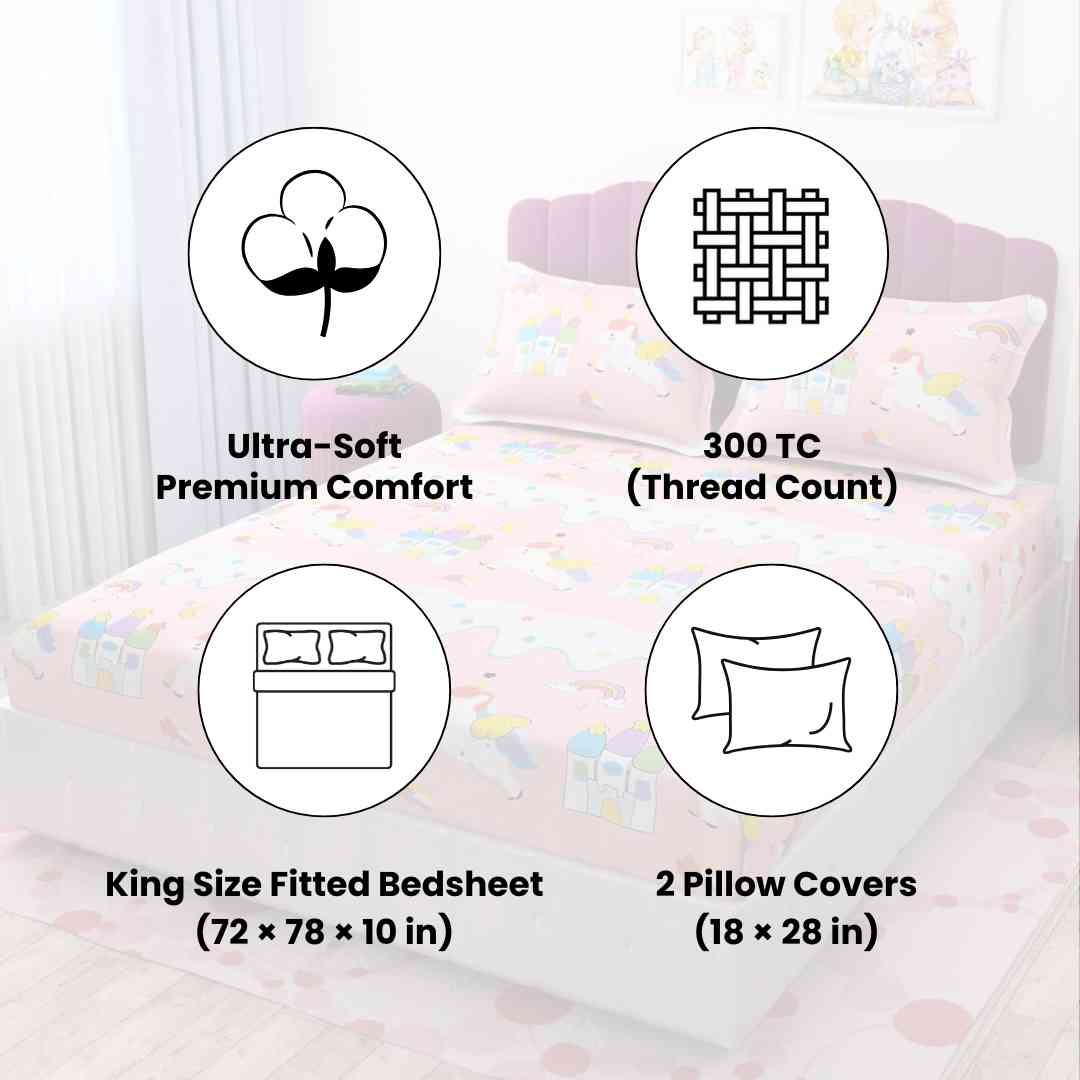 3pc King Size Bedsheet Set – Fitted Bedsheet & 2 Pillow Covers | Dreamy Unicorn World Kids Bedding Famyo Shop WH
