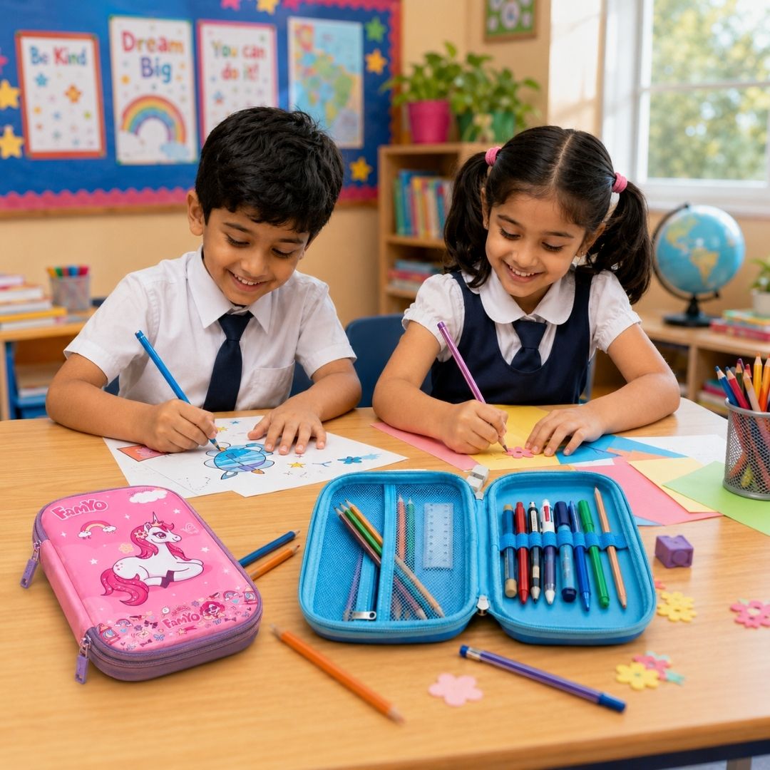 June the Unicorn and Rexy the Dino hard shell pencil pouch combo for kids featuring durable multi-compartment school pencil cases, ideal for organising stationery at school, tuition, travel, and everyday use.