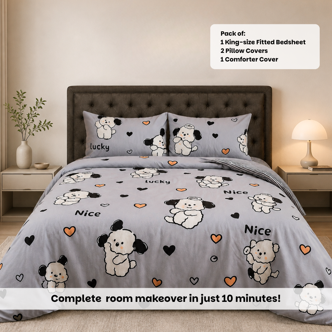 Cute Puppy 250TC King Bed Sheet Set (Set of 4 or Set of 5)