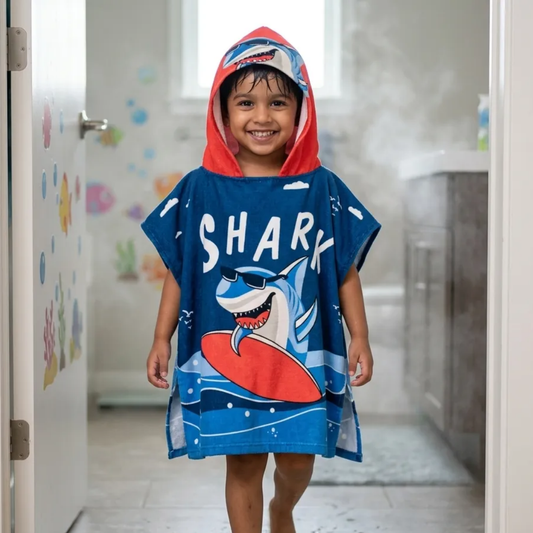 Dark Blue Shark Dive Hooded Poncho Towel for Kids | Quick-Dry, Highly Absorbent Microfiber Bath Towel