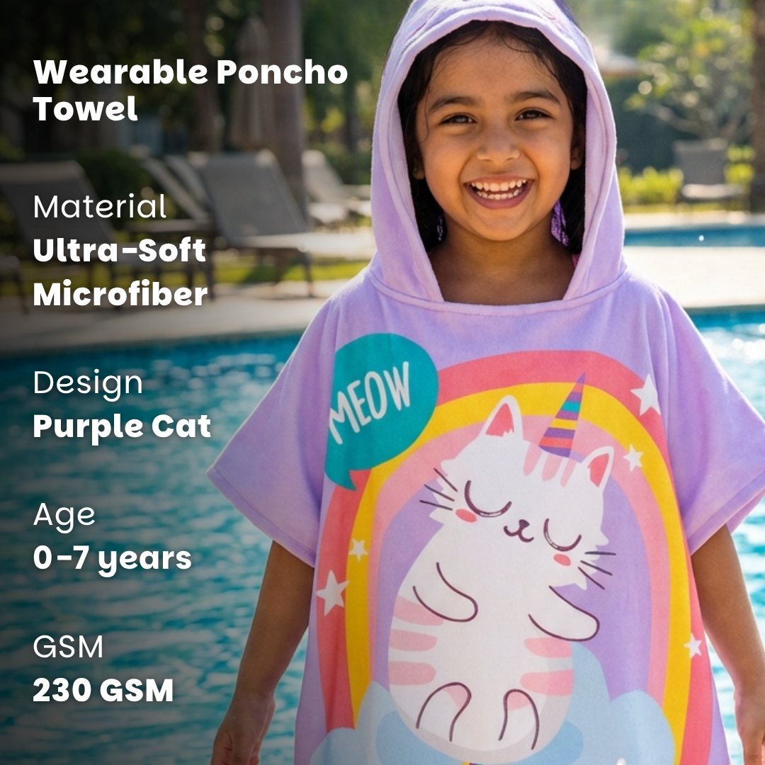 Purple Cat Unicorn Hooded Poncho Towel for Kids | Quick-Dry, Highly Absorbent Microfiber Bath Towel