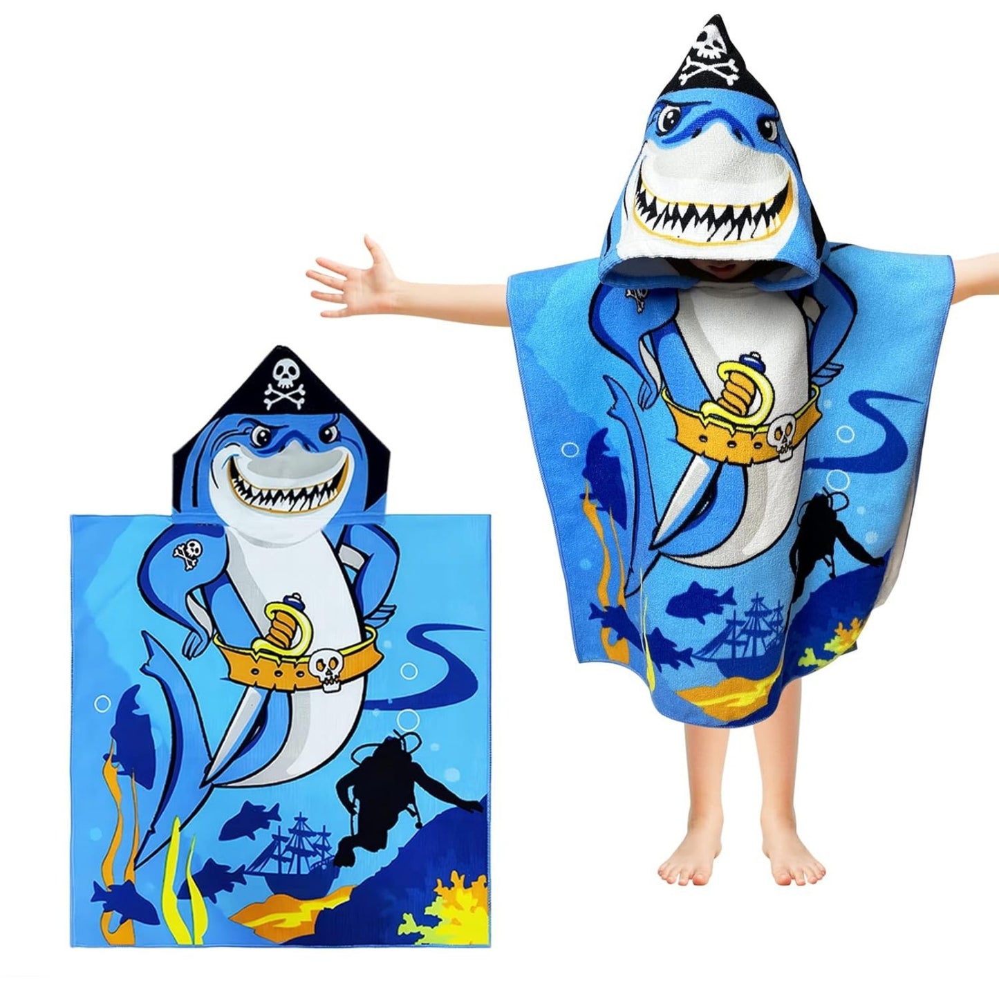 Pirate Baby Shark Poncho Bath Towel for Kids, 1-7 years | Quick-Drying Microfiber Kids Towel