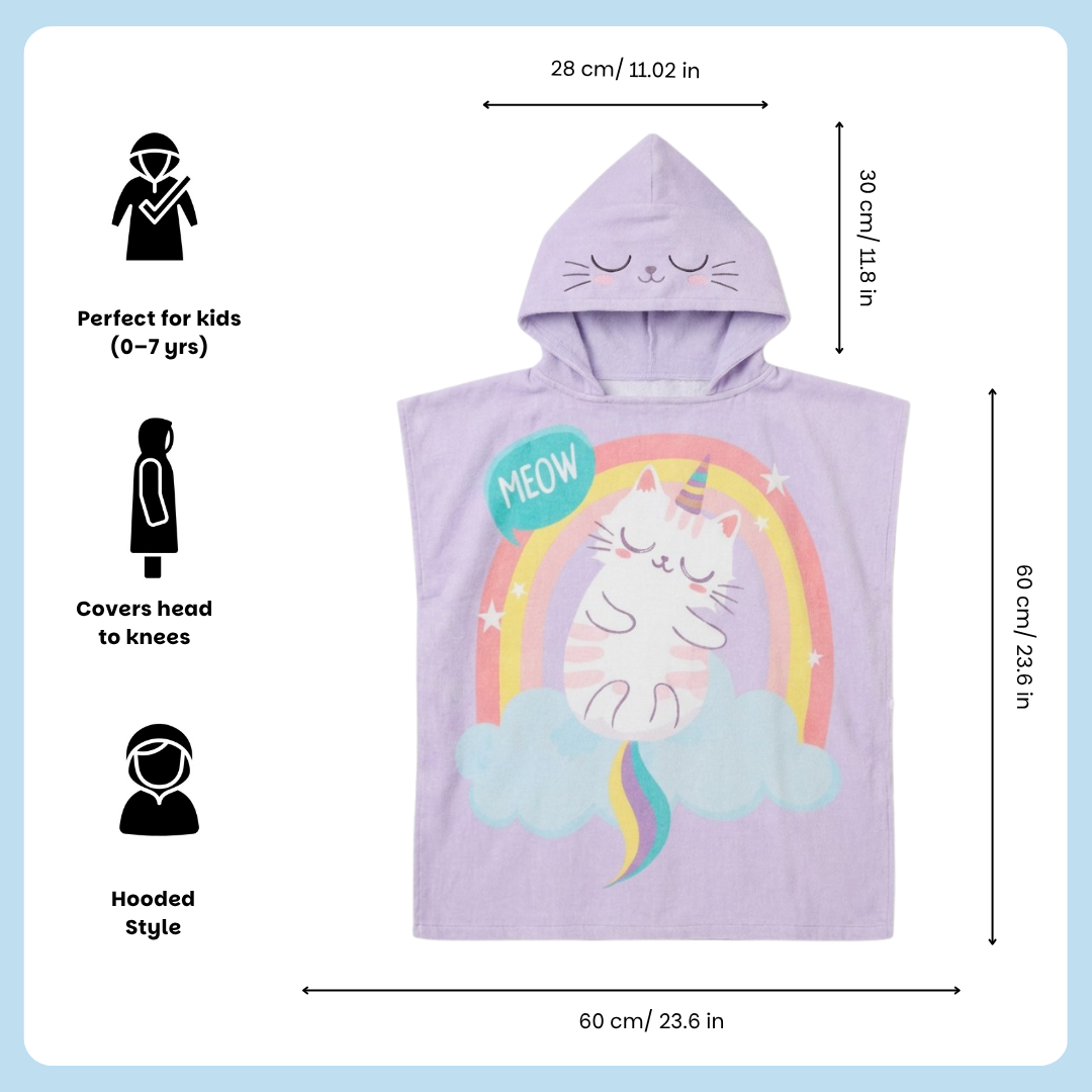 Purple Cat Unicorn Hooded Poncho Towel for Kids | Quick-Dry, Highly Absorbent Microfiber Bath Towel