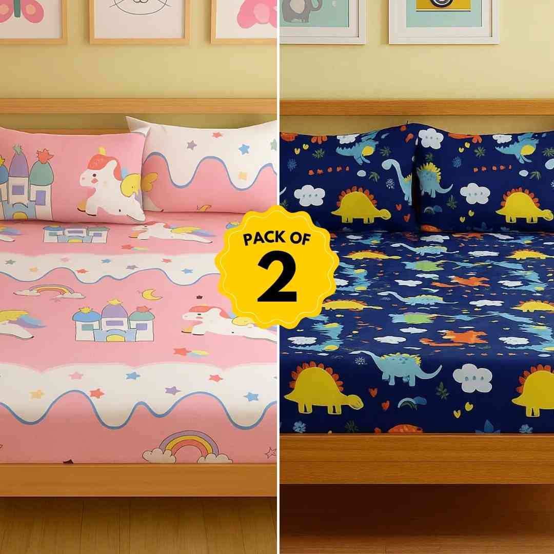 Set of 2 - King Size Bedsheet Set 3pc – Unicorn & Dino Combo | Fitted Bedsheets & Pillow Covers | Kids Bedding Set Famyo Shop WH