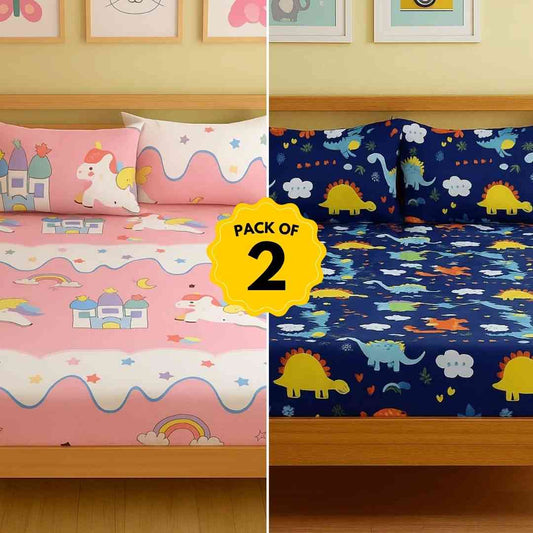 Set of 2 - King Size Bedsheet Set 3pc – Unicorn & Dino Combo | Fitted Bedsheets & Pillow Covers | Kids Bedding Set Famyo Shop WH