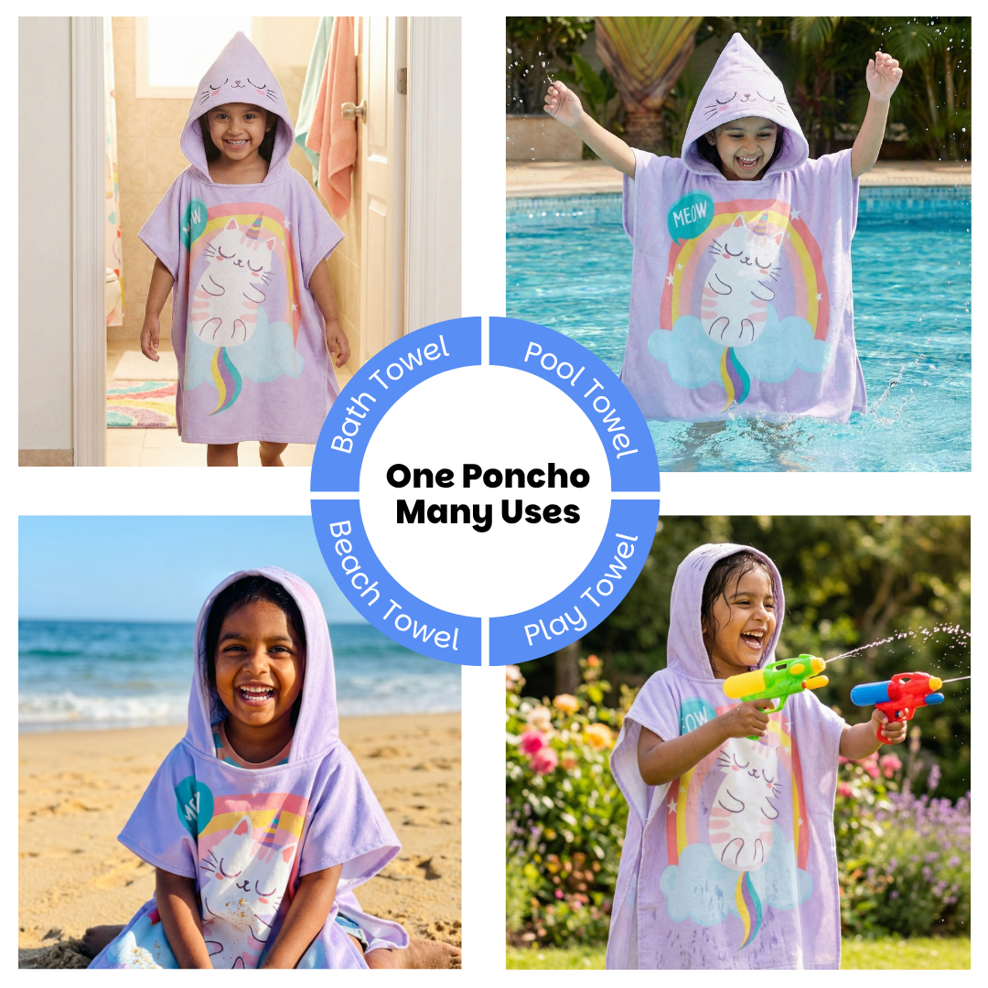 Purple Cat Unicorn Hooded Poncho Towel for Kids | Quick-Dry, Highly Absorbent Microfiber Bath Towel