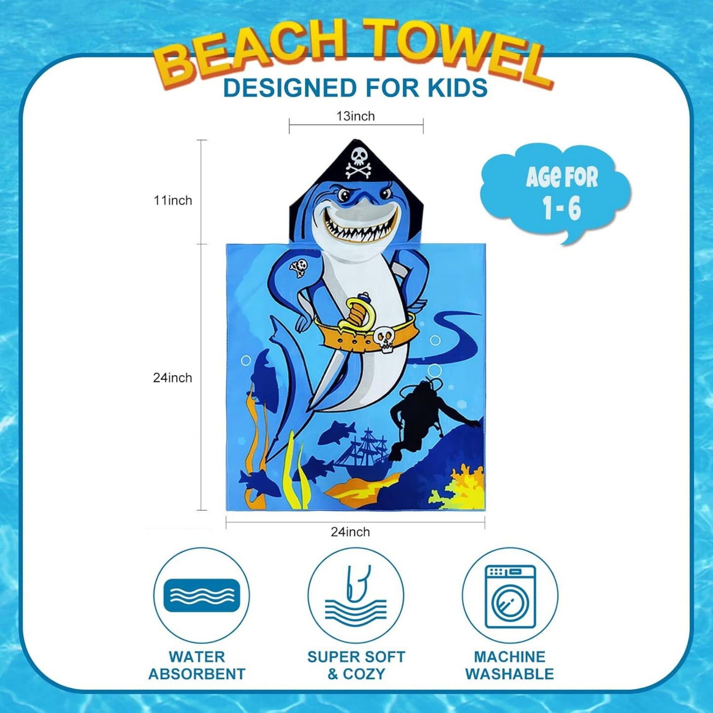 Pirate Baby Shark Poncho Bath Towel for Kids, 1-7 years | Quick-Drying Microfiber Kids Towel