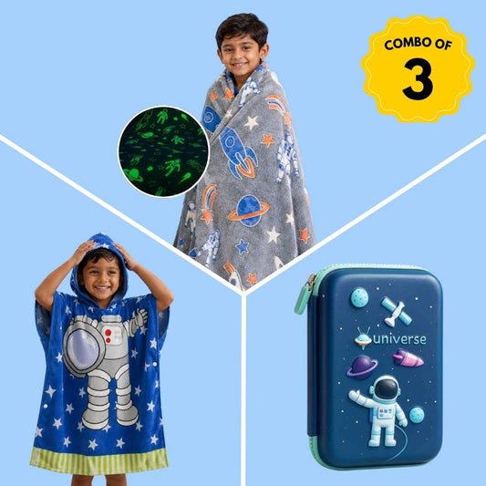 Leo the Astro Glow in the Dark Quilt/Blanket/AC Comforter, Astronaut Hooded Poncho Towel & Blue Space Hard Shell Pencil Pouch Gift Set for Kids