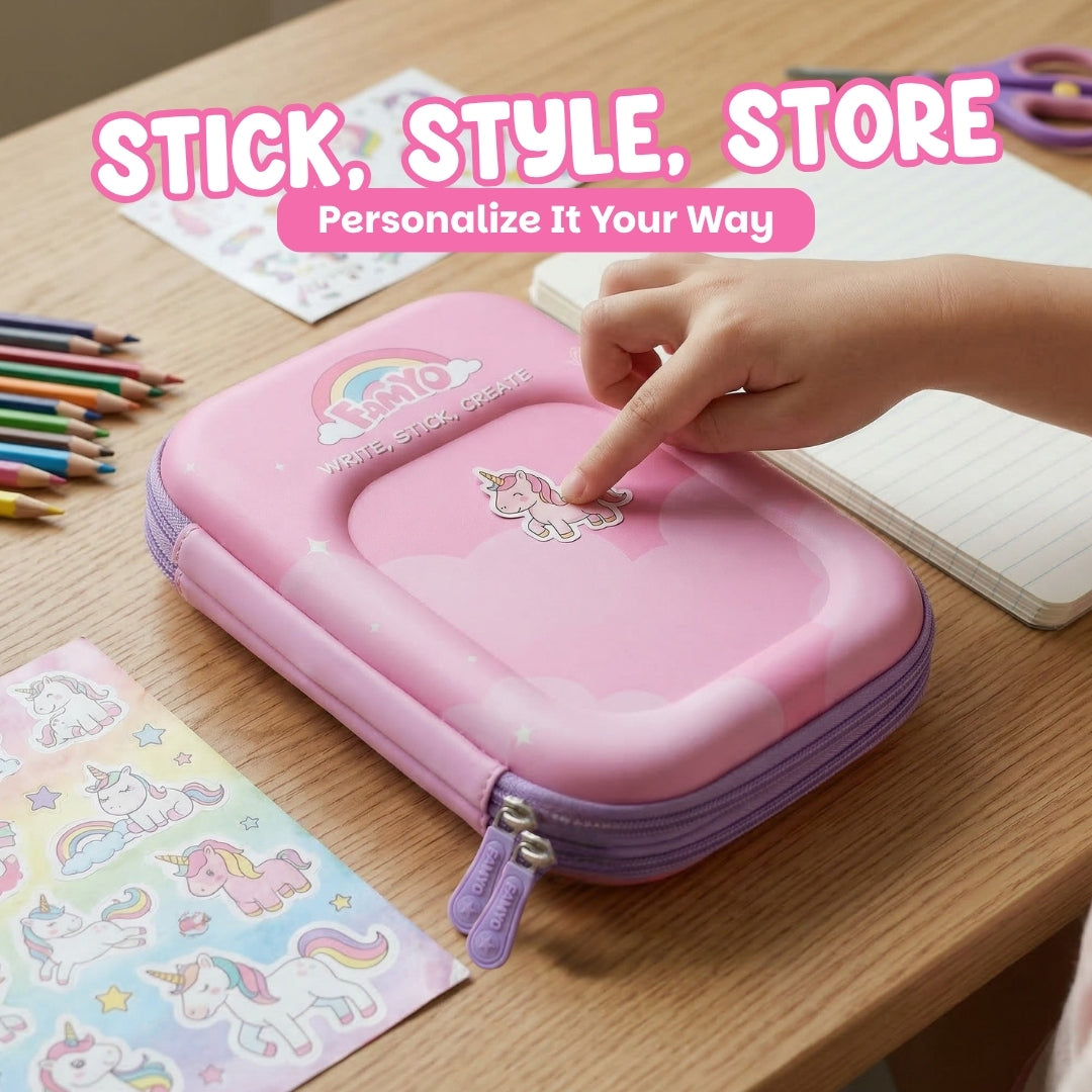 Famyo Pink pencil case with unicorn design for kids school stationery organisation - stick on pad at the back