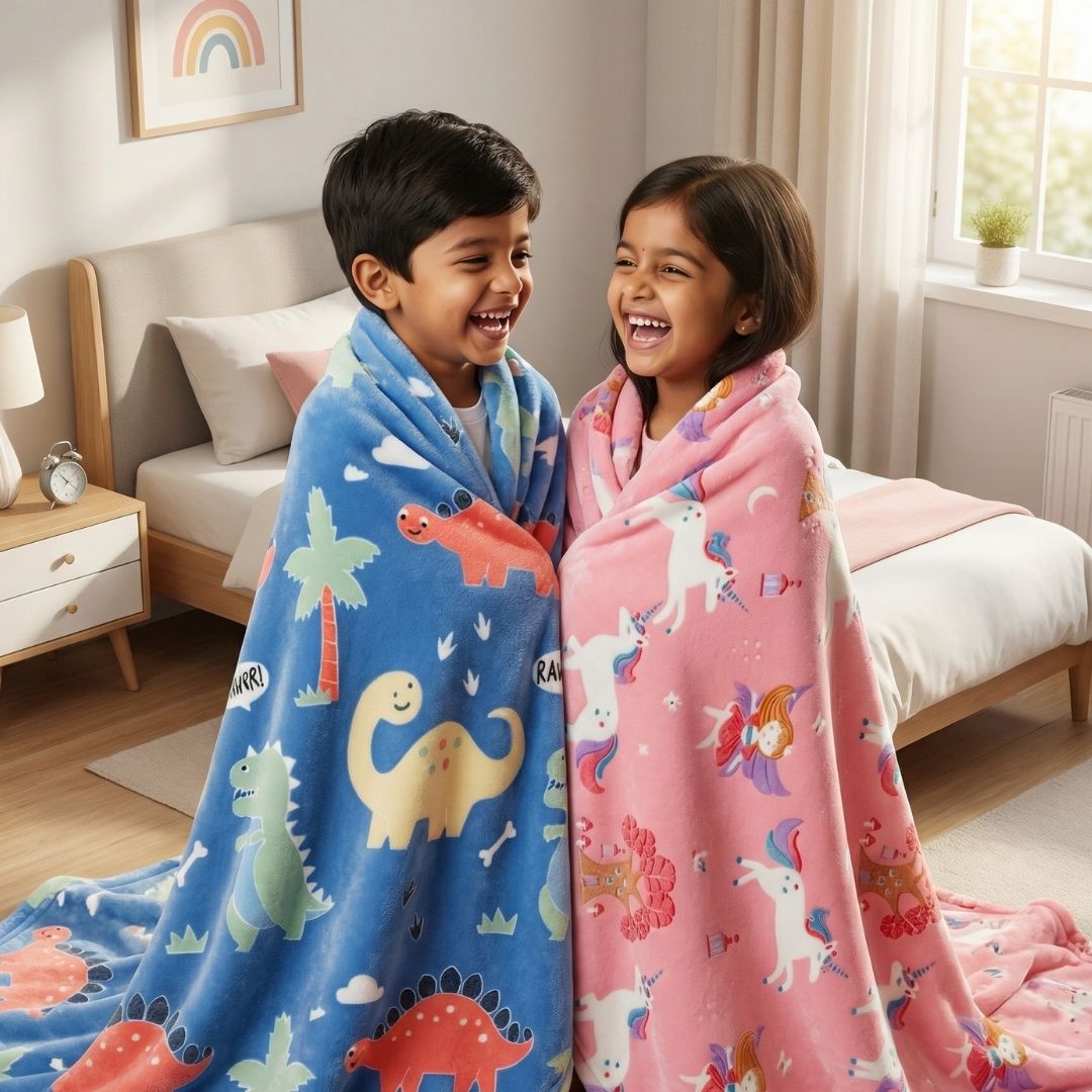 Blue Dino & Pink Unicorn Glow Blanket Set of 2 | Soft Flannel AC Blankets for All-Season | Perfect Gift for Kids