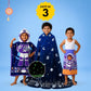 Leo the Astronaut kids combo featuring a Dark Blue Astronaut Hooded Poncho Towel, Leo the Astronaut Glow Blanket, and 70 × 140 cm quick-dry terry bath towel, designed for bath time, swimming, beach trips, bedtime, and everyday use.