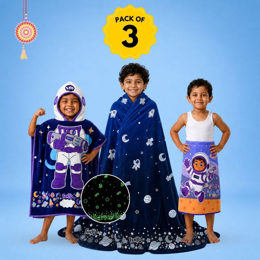 Leo the Astronaut kids combo featuring a Dark Blue Astronaut Hooded Poncho Towel, Leo the Astronaut Glow Blanket, and 70 × 140 cm quick-dry terry bath towel, designed for bath time, swimming, beach trips, bedtime, and everyday use.