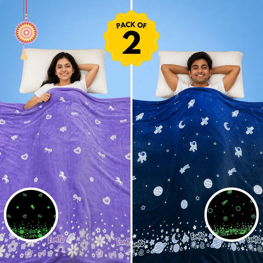 Lavender Unicorn and Dark Blue Astronaut glow-in-the-dark blanket combo for adults featuring two soft premium flannel Queen Size blankets, lightweight breathable fabric, all-season comfort, and cozy bedroom or lounging use.