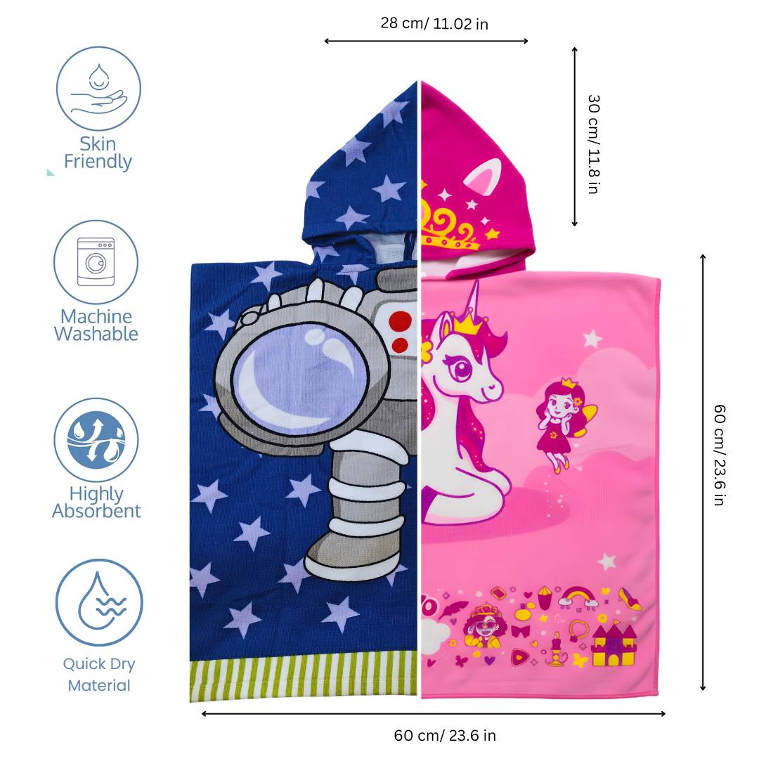 Astro & June Unicorn Hooded Bath Towel, Set of 2 | 100% Microfiber Poncho Towel for Kids (1-7 Years)