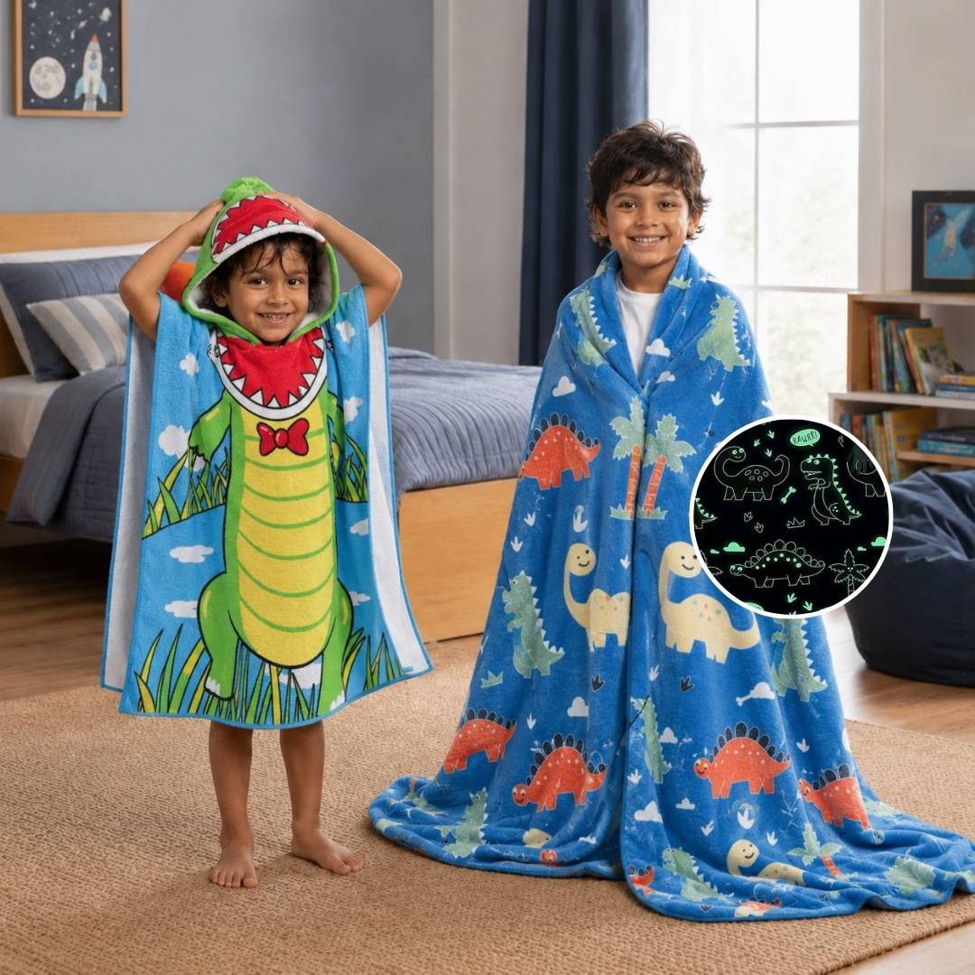 Crocodile hooded poncho towel and Blue Dino glow in the dark quilt, blanket and AC comforter gift set for kids featuring quick-dry microfiber, soft flannel fabric, lightweight comfort, and fun character designs for bath time and bedtime.