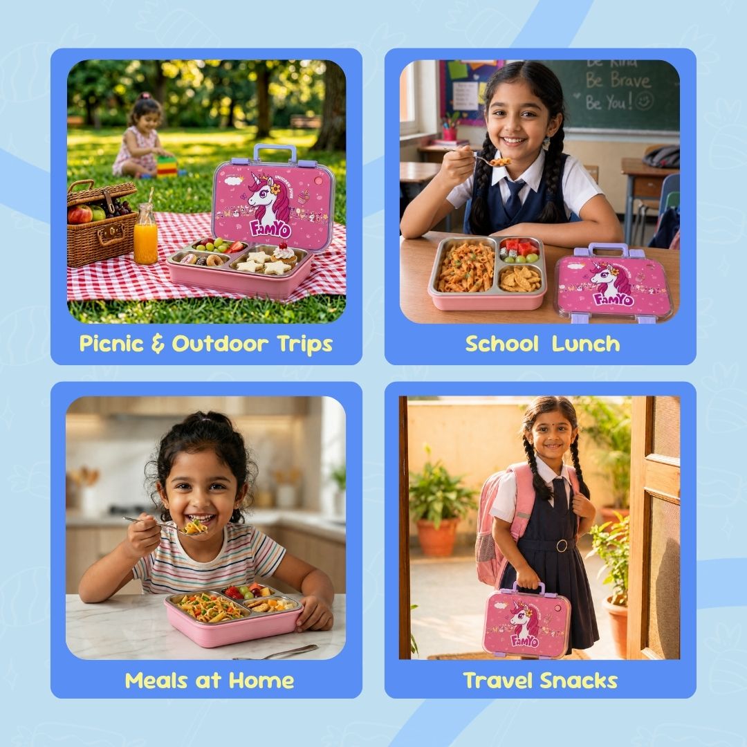 June the Unicorn bento lunch box for kids featuring 3 stainless steel compartments, 800 ml leakproof design, BPA-free outer body, child-friendly locking clips, organised meal storage, and perfect for school lunches, travel, daycare, and everyday use.