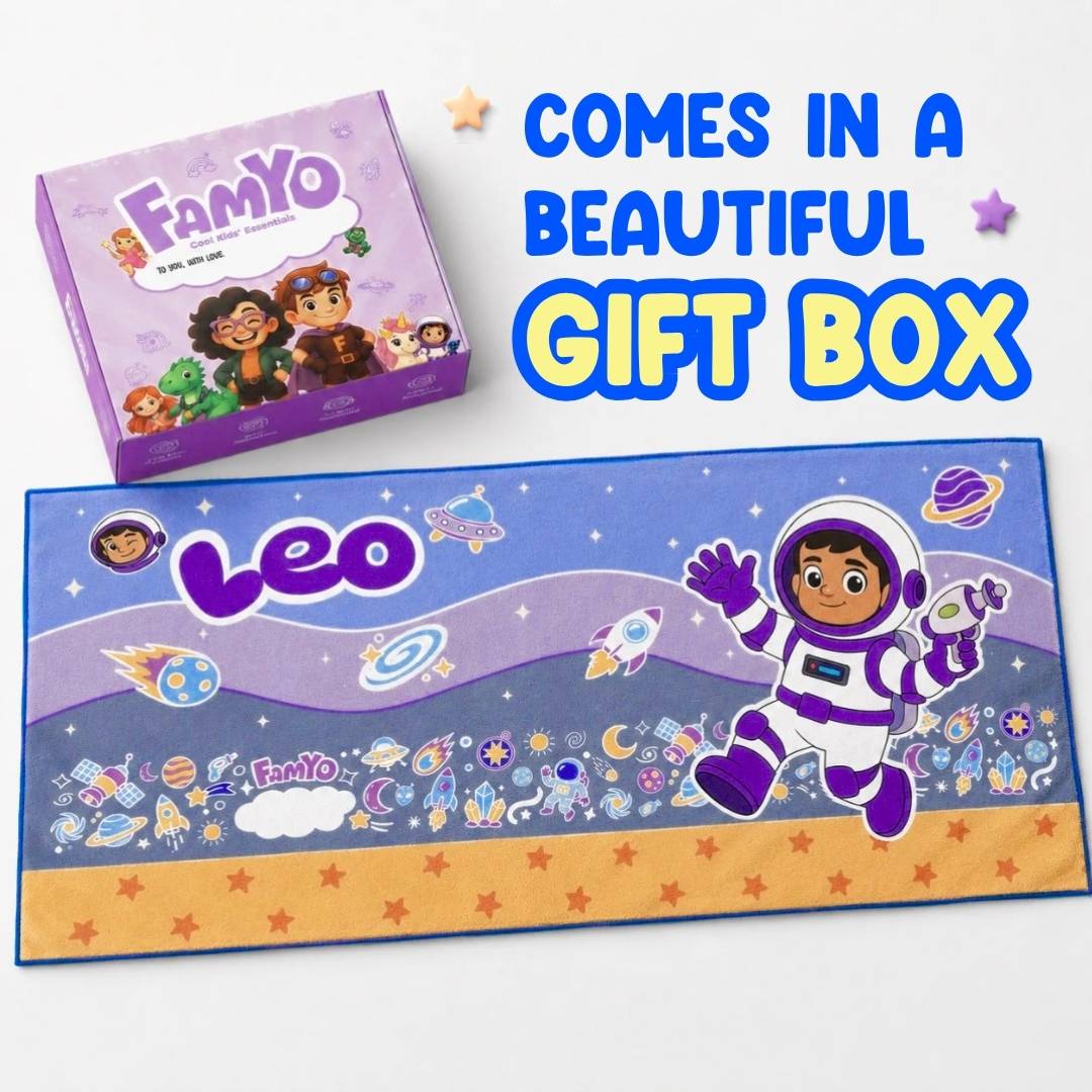 Famyo Leo the Astronaut Flat Towel for Kids made with premium microfiber fabric featuring quick dry technology, lightweight and travel friendly design, fade resistant print, soft and highly absorbent for bath, beach, swimming and everyday use.