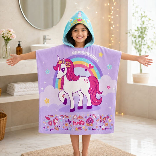 Purple June Unicorn hooded poncho towel for kids featuring ultra-soft quick-dry microfiber fabric, lightweight wearable design, attached hood, knee-length coverage, and ideal for bath, beach, pool, swimming, travel, and everyday use.