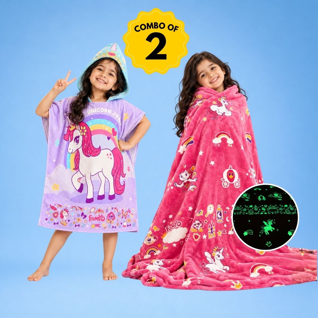 June the Unicorn Glow in the Dark Quilt/Blanket/AC Comforter & Purple June Hooded Poncho Towel Combo for Kids | Glow in the Dark Blanket & Quick-Dry Microfiber Towel