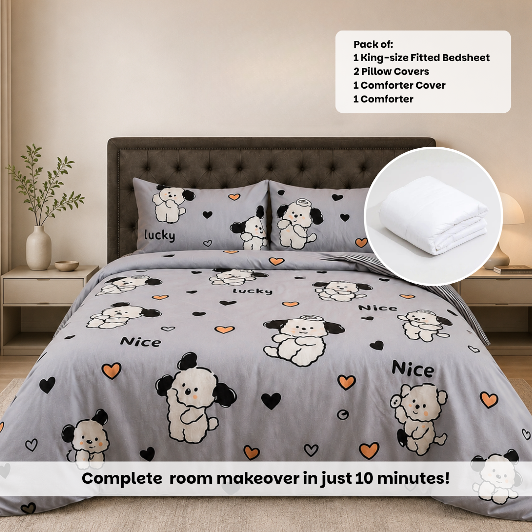 Cute Puppy 250TC King Bed Sheet Set (Set of 4 or Set of 5)