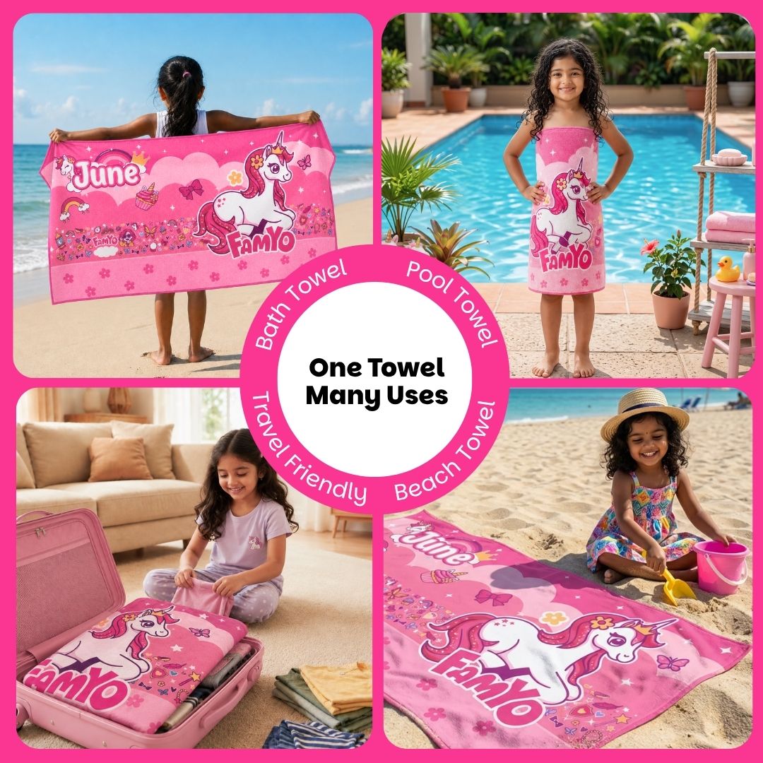 June the Unicorn kids towel featuring soft quick-dry terry fabric, lightweight absorbent design, 70 × 140 cm size, and ideal for bath, beach, pool, swimming, travel, and everyday use.