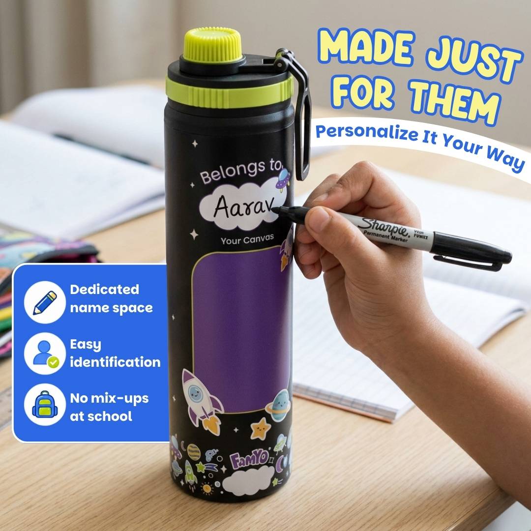 Famyo Leo the Astronaut 900 ml for kids - school essentials - dedicated name space - easy identification - no mix-ups at school 
