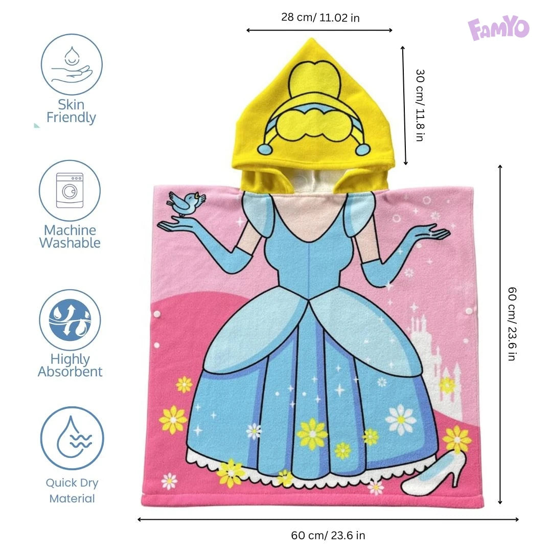 Magical Princess Poncho Bath Towel for Kids, 1-7 years, 60 x 60cm | Skin-Friendly Microfiber Hooded Toddler Pool Towel | Quick-Drying, Water Absorbing, Full-Size Bathrobe