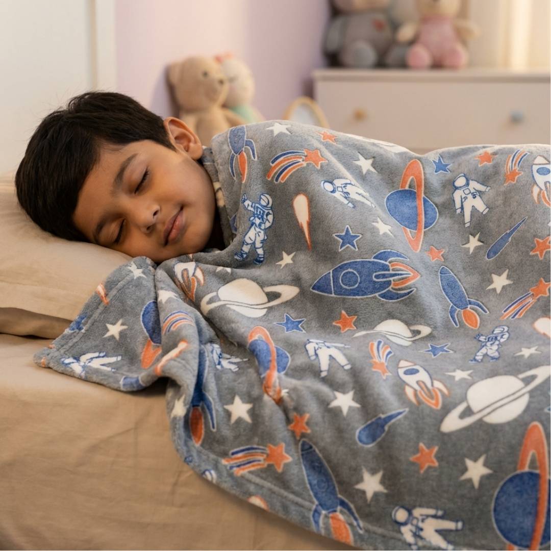Leo the Astro Glow Blanket, Astronaut Poncho Towel & Blue Space Hard Shell Pencil Pouch Combo for Kids | Gift Set