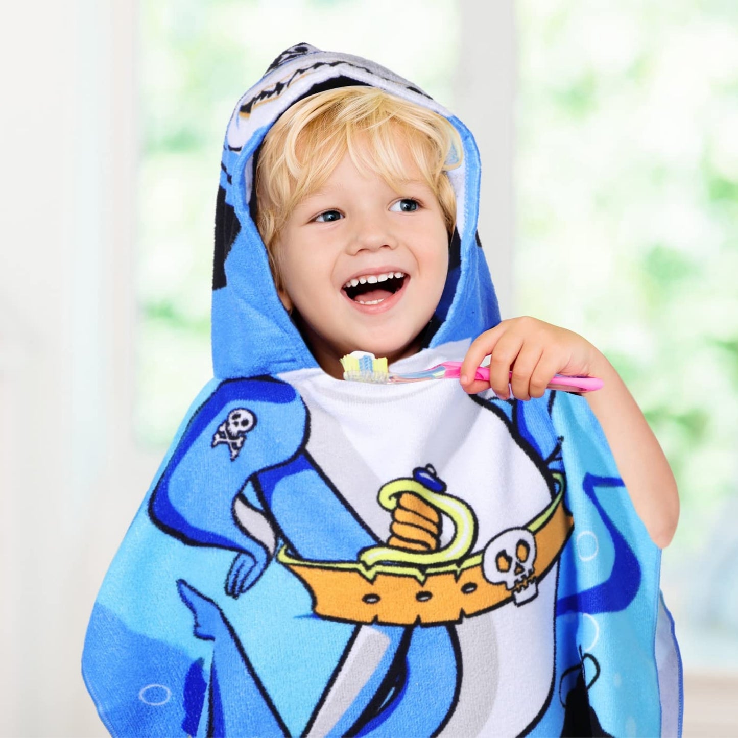 Pirate Baby Shark Poncho Bath Towel for Kids, 1-7 years | Quick-Drying Microfiber Kids Towel