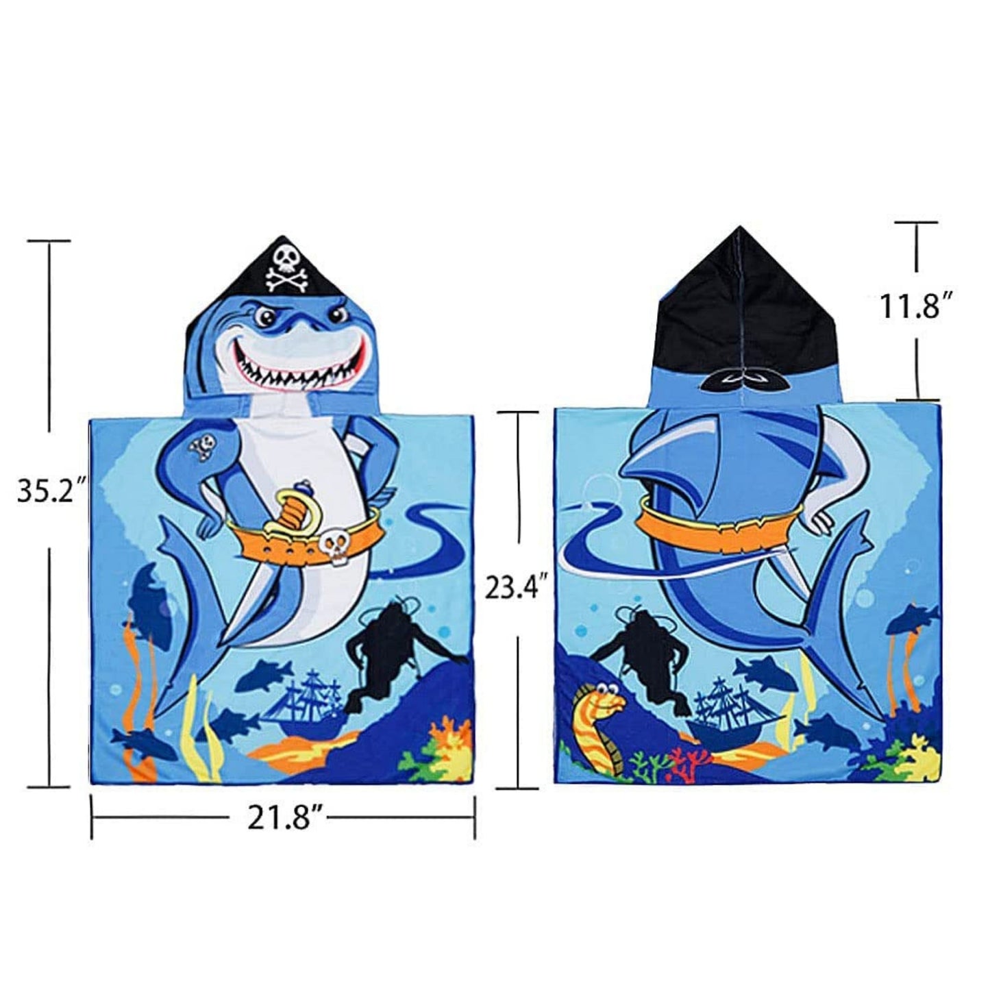 Pirate Baby Shark Poncho Bath Towel for Kids, 1-7 years | Quick-Drying Microfiber Kids Towel