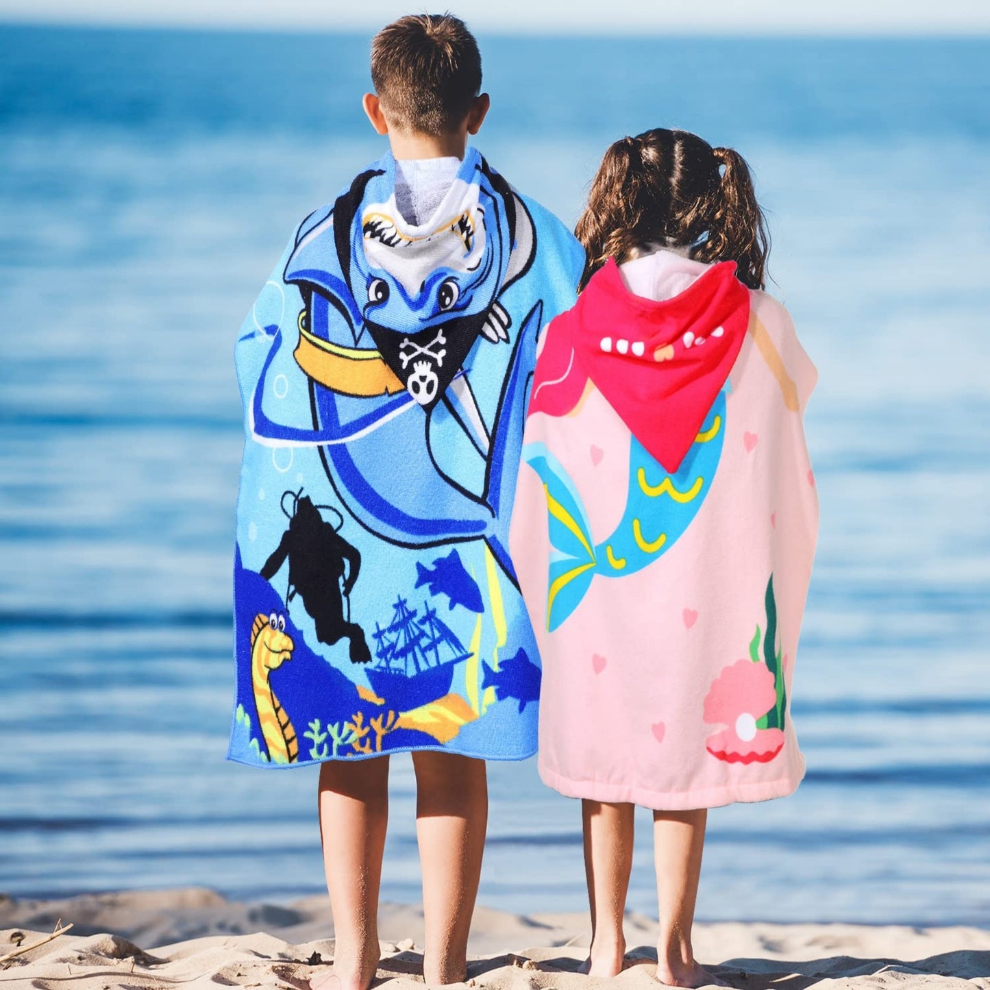 Pirate Baby Shark Poncho Bath Towel for Kids, 1-7 years | Quick-Drying Microfiber Kids Towel