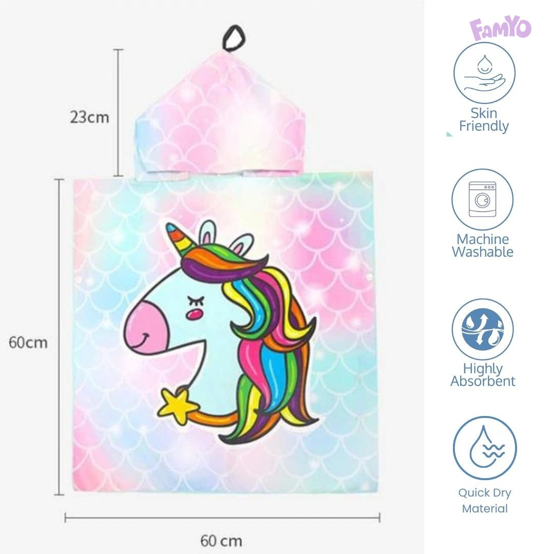 Cute Pink & Blue Unicorn Poncho Bath Towel for Kids, 1-7 years, 60 x 60cm | 100% Cotton, Skin-Friendly Microfiber Hooded Toddler Pool Towel | Quick-Drying, Water Absorbing bathrobe for kids