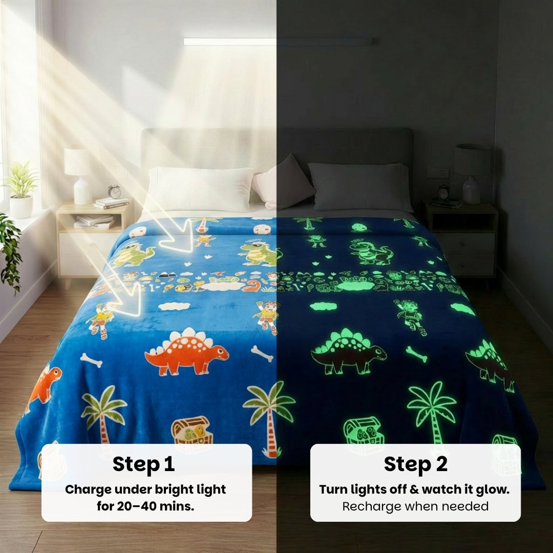 Famyo Rexy Dinosaur Glow in the dark blanket - all season blanket for kids - charge under bright light and watch it glow when light goes off