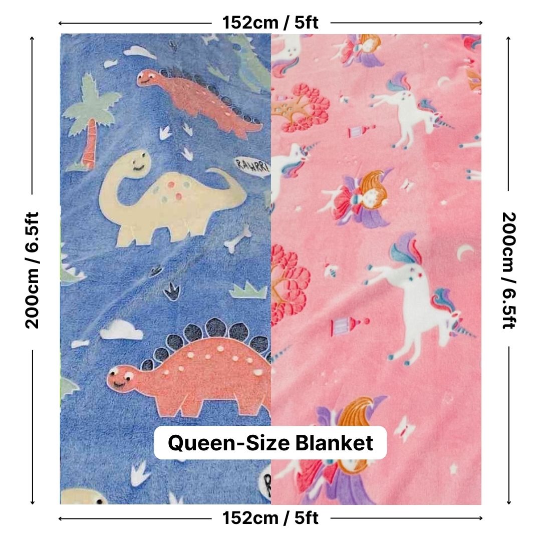 Blue Dino & Pink Unicorn Glow Blanket Set of 2 | Soft Flannel AC Blankets for All-Season | Perfect Gift for Kids
