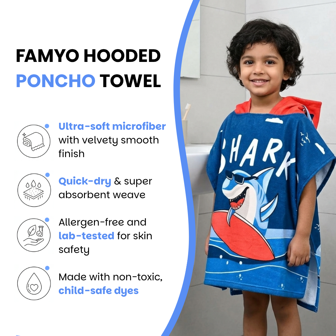 Dark Blue Shark Dive Poncho Bath Towel for Kids, 1-7 years | Quick-Drying Microfiber Kids Towel